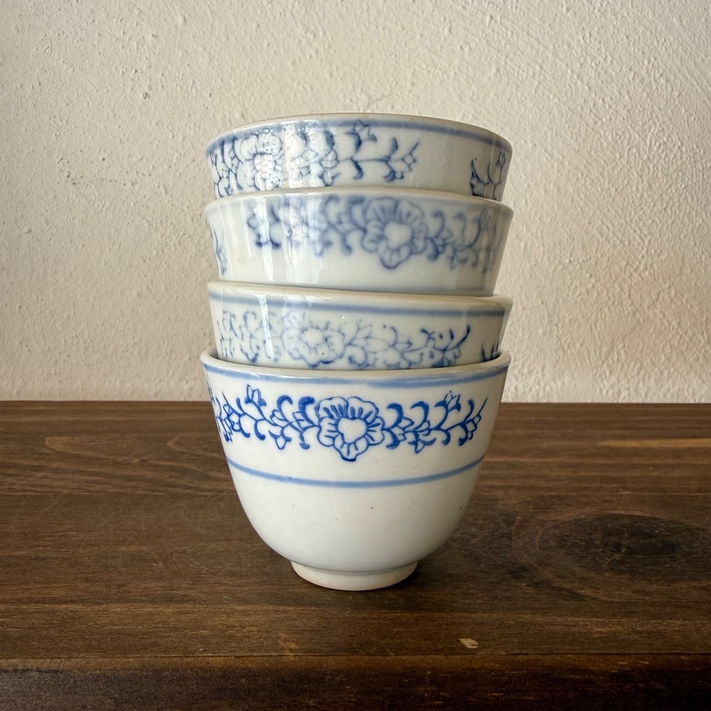 4pc Vintage Blue White Floral Ceramic Rice Bowl Set